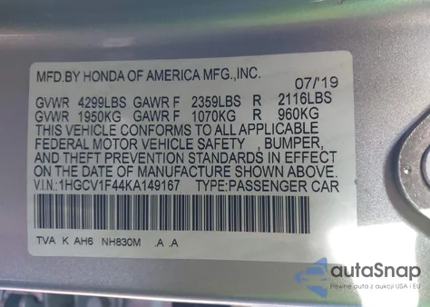 2019 Honda Accord Ex from USA, damaged, VIN 1HGCV1F44KA149167